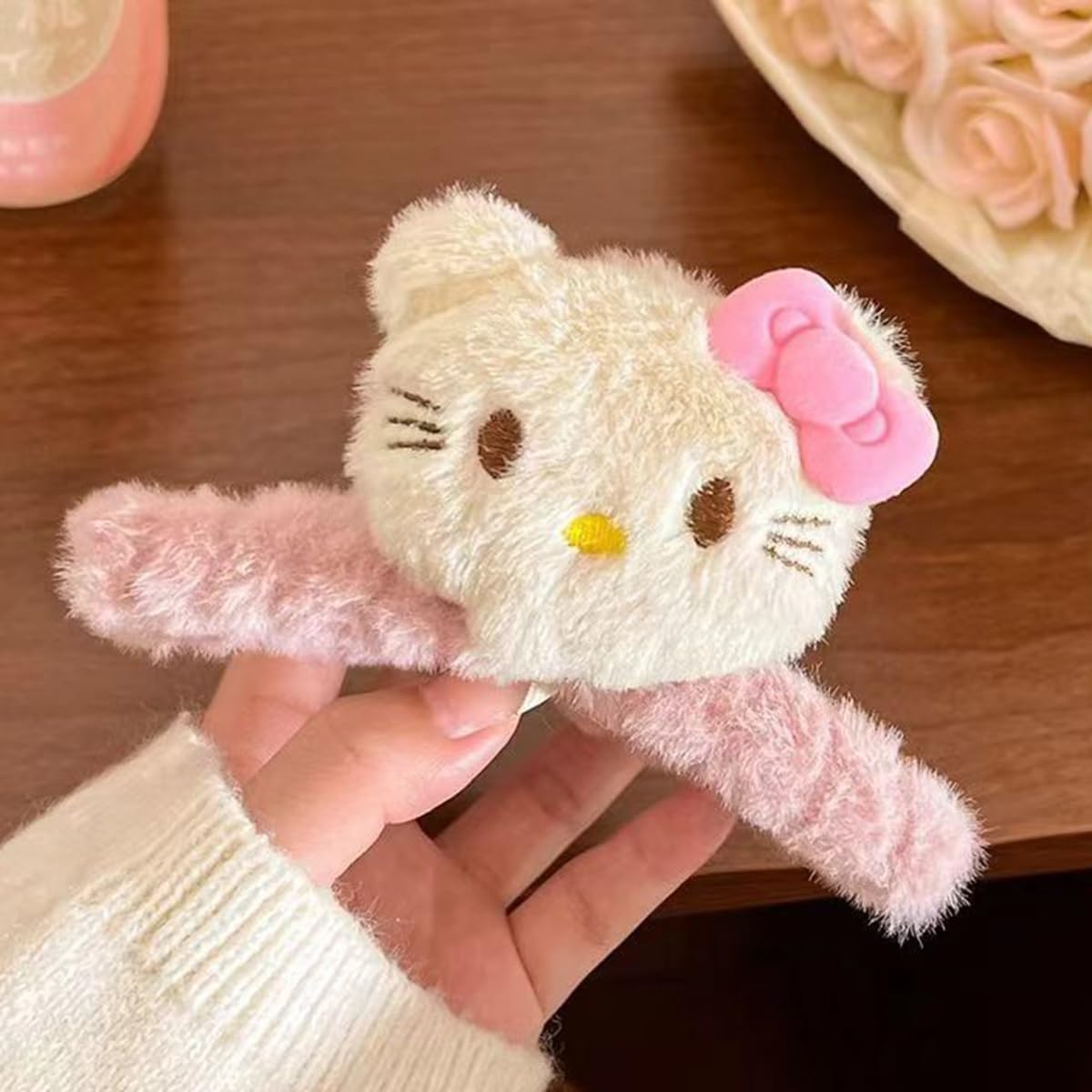 S.A.V.I Cute Plush Kitten Hair Claw Clip 12 cm for Women & Girls | Soft Faux Fur Cat Design in Pink & Cream | Strong Grip Clutcher for Thick Hair | Stylish Daily Hair Accessory
