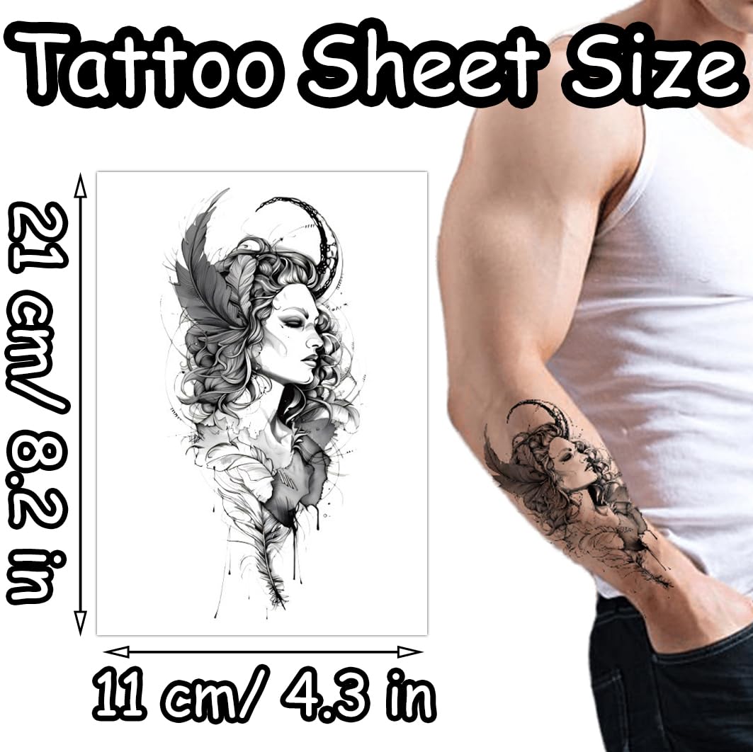 S.A.V.I Large Temporary Tattoo for Men & Women – Black Artistic Goddess with Feather & Horns – 21x11cm Waterproof Body Art Sticker – Non-Toxic, Safe for Arm, Chest, Back – 1 Pc