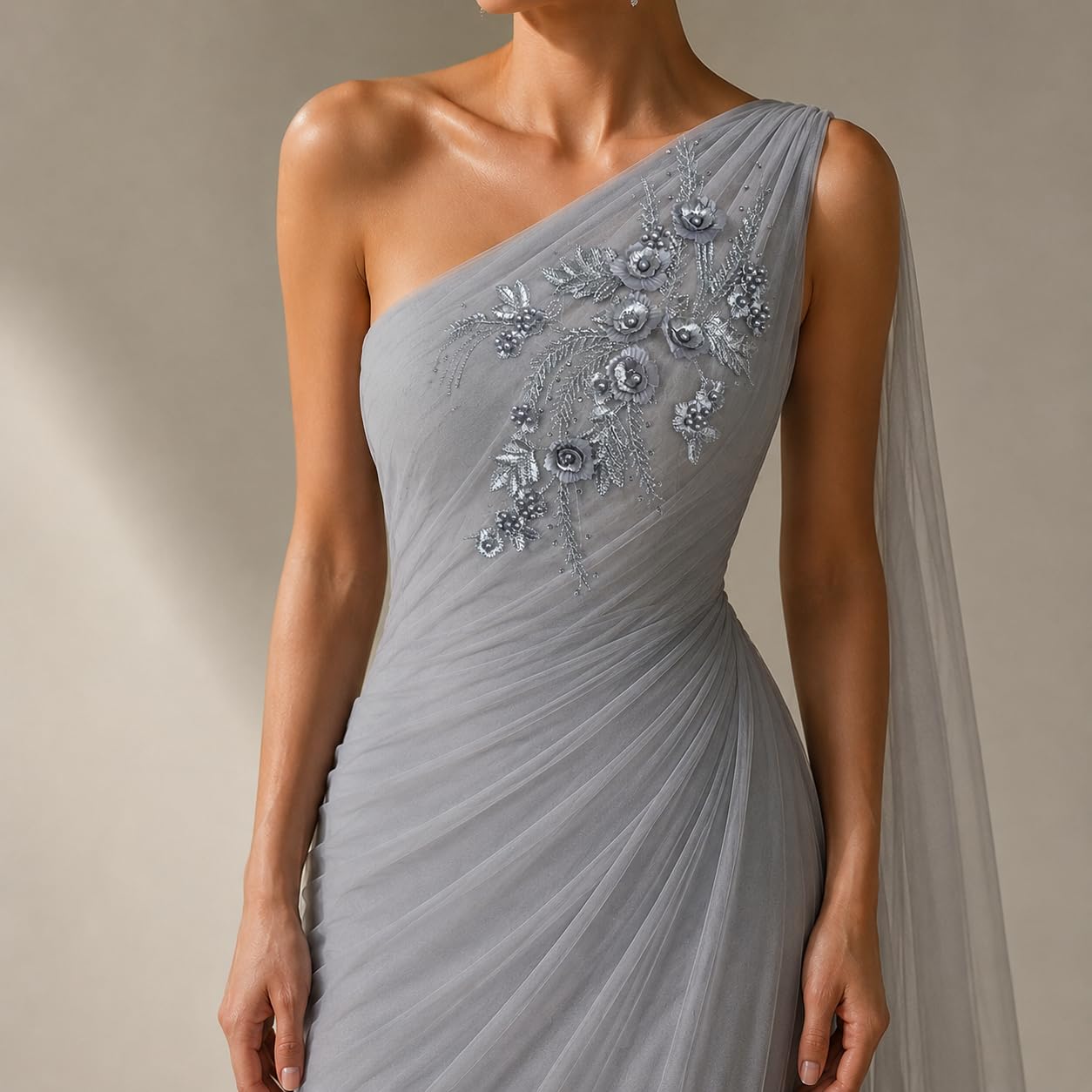 S.A.V.I Floral Embroidery Patch with Pearls Grey Silver 34x25cm|Sew-On Applique, DIY Craft & Bridal, Premium Mesh Design, 1 Piece, For Saree Gown Kurti