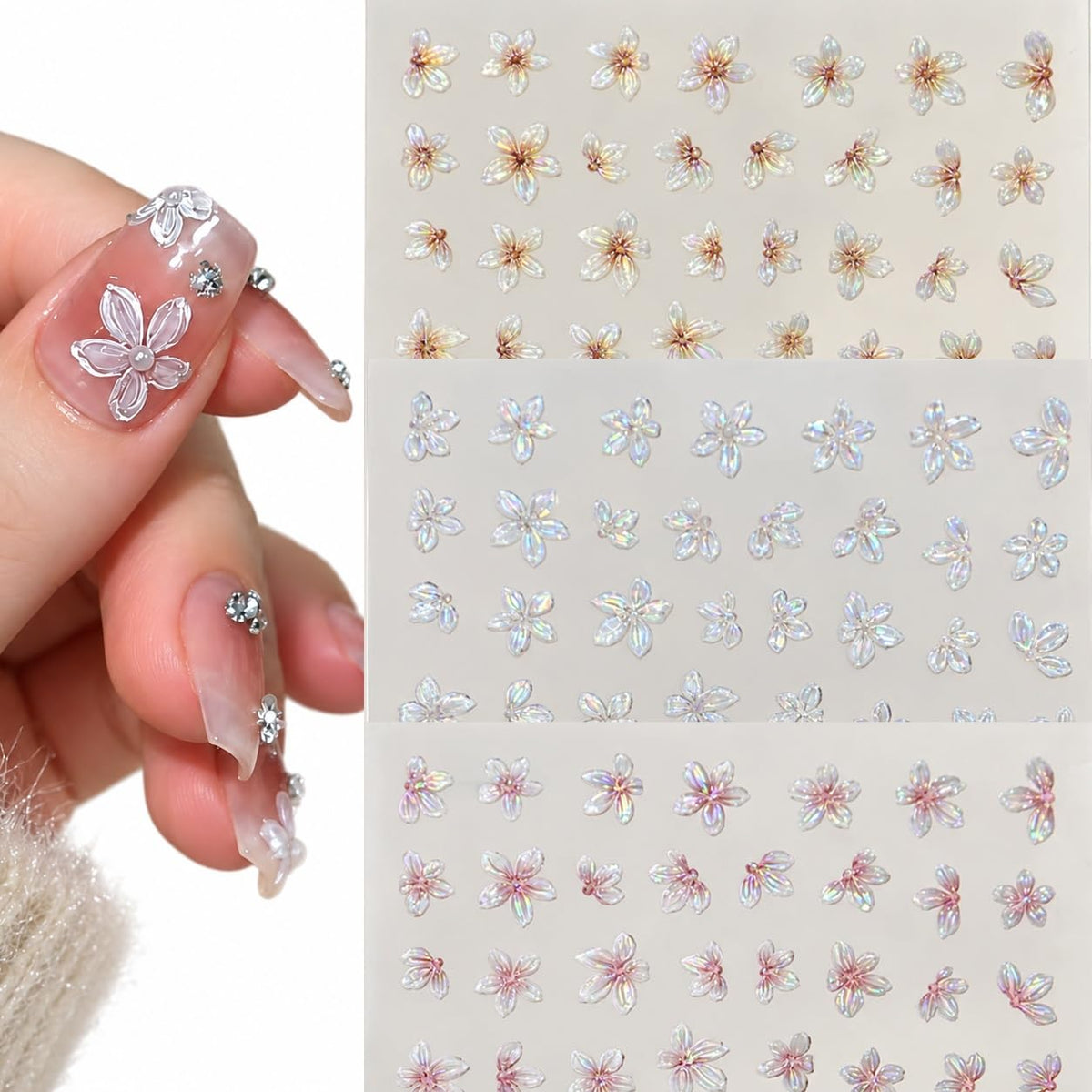 S.A.V.I 3D Nail Art Stickers Self Adhesive Floral Decals, Pack of 3 | Iridescent Pink & Pearl White, 7 x 9 cm, DIY Manicure, Women & Girls, Flower Embellishments