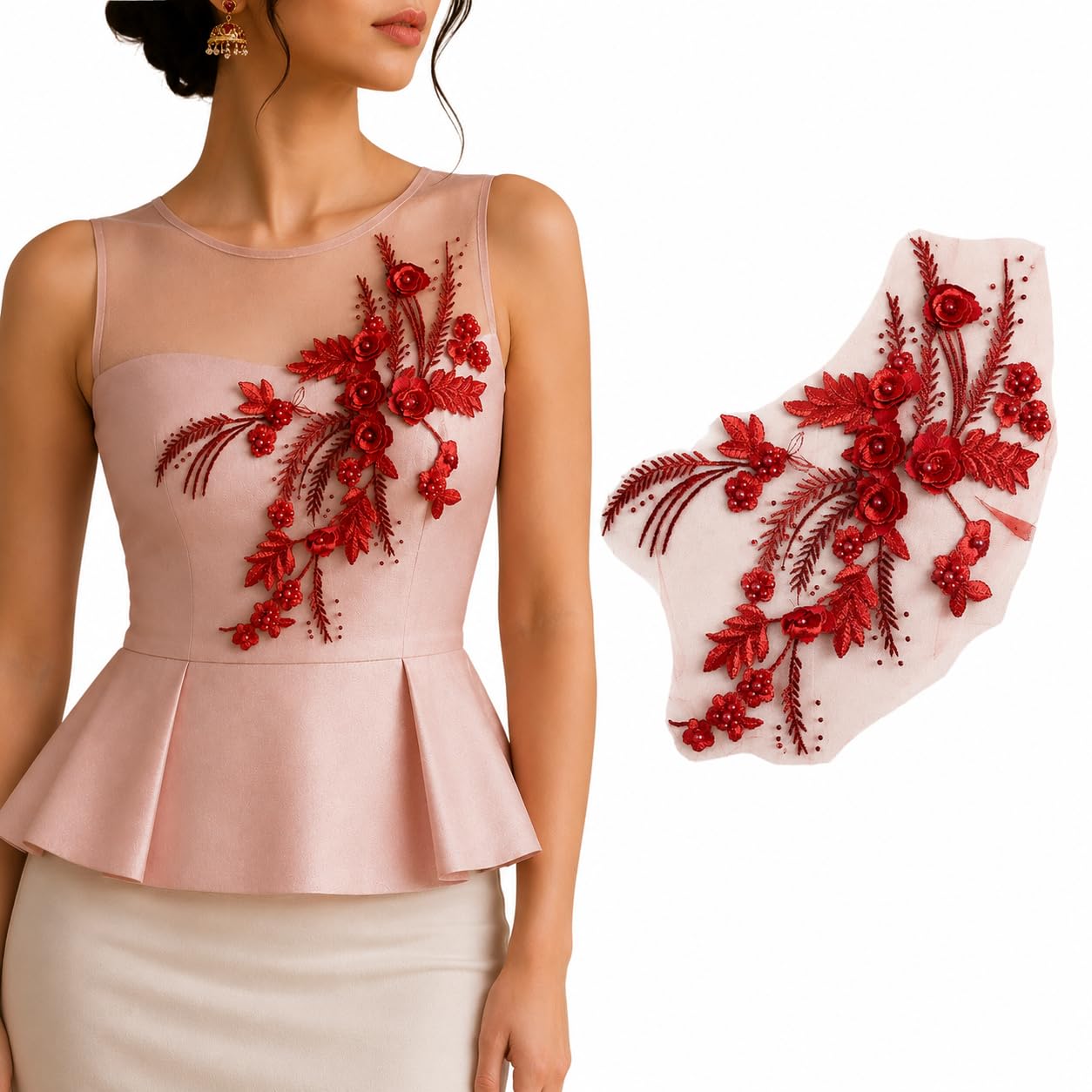 S.A.V.I Red Floral Embroidery Patch Sew-On Applique Kurti Blouse|3D Pearl Lace Motif 34x24 cm for Dresses, Gowns, Tops, DIY Craft & Custom Fashion