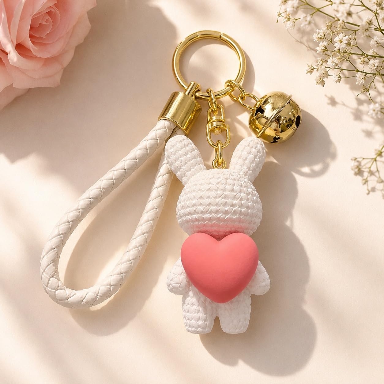 S.A.V.I Resin Rabbit Keychain with Braided Wrist Strap, White Gold | 7 cm Pendant, Pink Heart Accent, Handbag & Backpack Use, for Women & Girls, Braided Wrist Strap