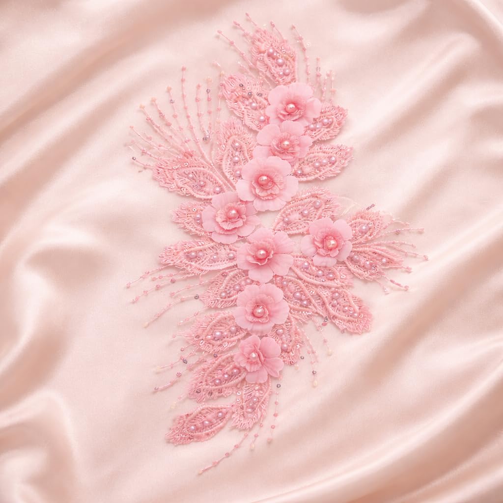 S.A.V.I Pink 3D Floral Sew-On Embroidered Applique Patch | Pearl Beaded Net Mesh Lace Motif 29.9 x 38.8 cm | DIY Bridal Lehenga Saree Blouse Gown Dress Craft Sewing (Pink)
