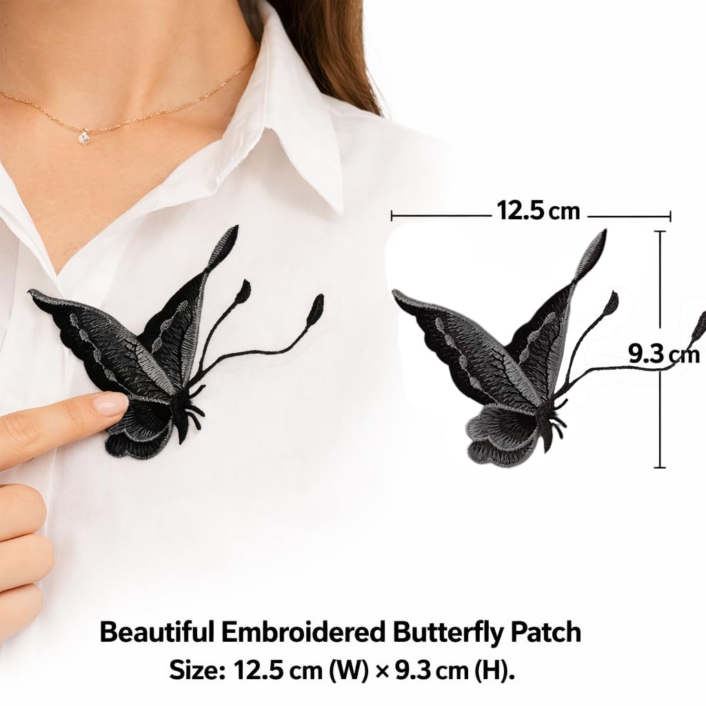 S.A.V.I Dark Grey Embroidered Butterfly Applique Patch Pair (Left & Right), Sew-On Fabric Motif 12.5 x 9.3 cm, Thread Work for Dresses, Shirts, Denim & DIY Fashion (Dark Grey)