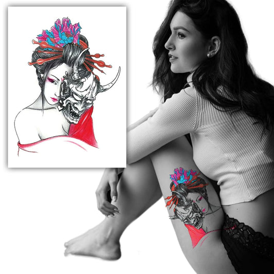 S.A.V.I Japanese Geisha Temporary Tattoo for Women & Girls, Waterproof Non-Toxic Demon Mask Floral Body Art Sticker, Large Multicolor Tattoo for Back, Arm & Shoulder, 21x15 cm