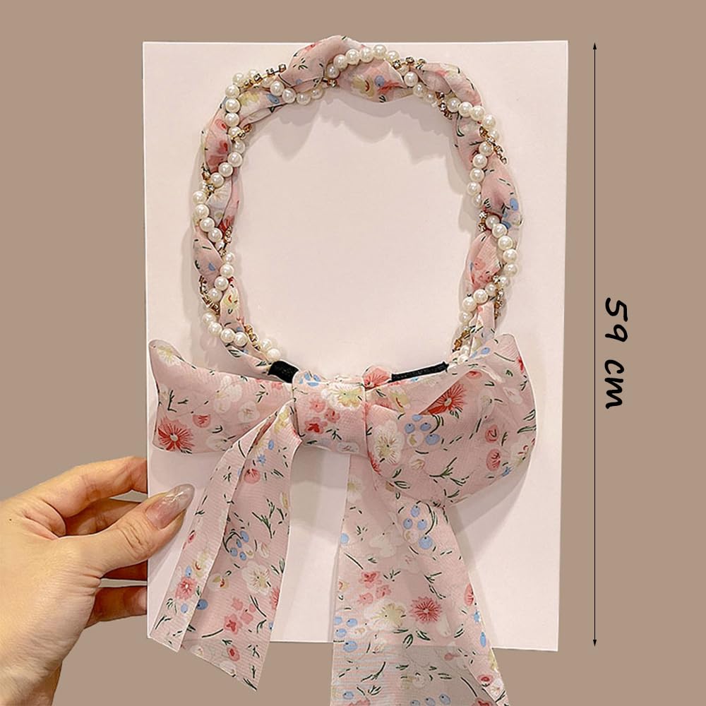 S.A.V.I Floral Pink Designer Hairband for Women & Girls | 59cm Braided Headband with Pearls, Rhinestones & Bow | Stylish Hair Accessory for Ethnic & Western | Soft & Comfortable Fit