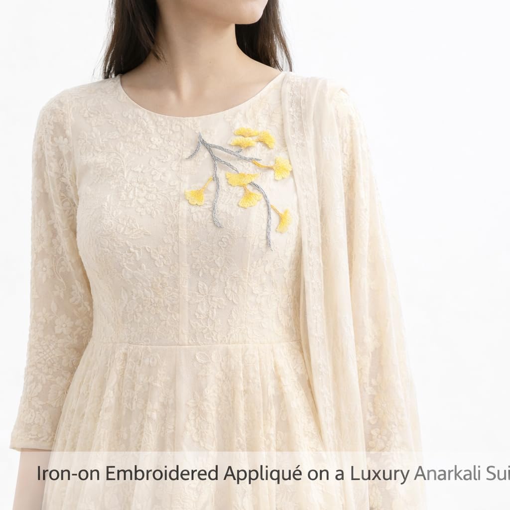 S.A.V.I Iron-On Embroidered Ginkgo Leaf Appliqué Patch Yellow Grey Floral Branch Design Fabric Embroidery 12.7 x 17.9 cm for Dresses Sarees Kurtis DIY Craft (Left)