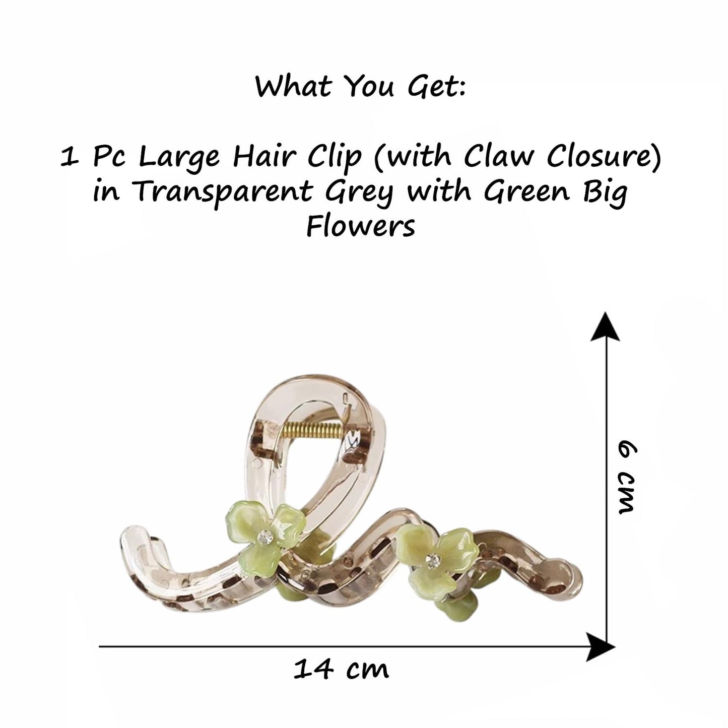 S.A.V.I Large 14 cm Acrylic Hair Claw Clip for Women, Transparent Grey Clutcher with Green Floral Design, Strong Grip for Thick Hair Bun, Stylish Wavy Hair Accessory for Daily
