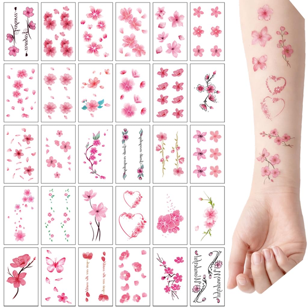 S.A.V.I 30 Sheets Pink Cherry Blossom Temporary Tattoos for Women & Girls | Waterproof Floral Body Stickers 5.7 x 9.7 cm | Cute Flower, Heart & Butterfly Designs | Safe Non-Toxic Skin Art (#321)