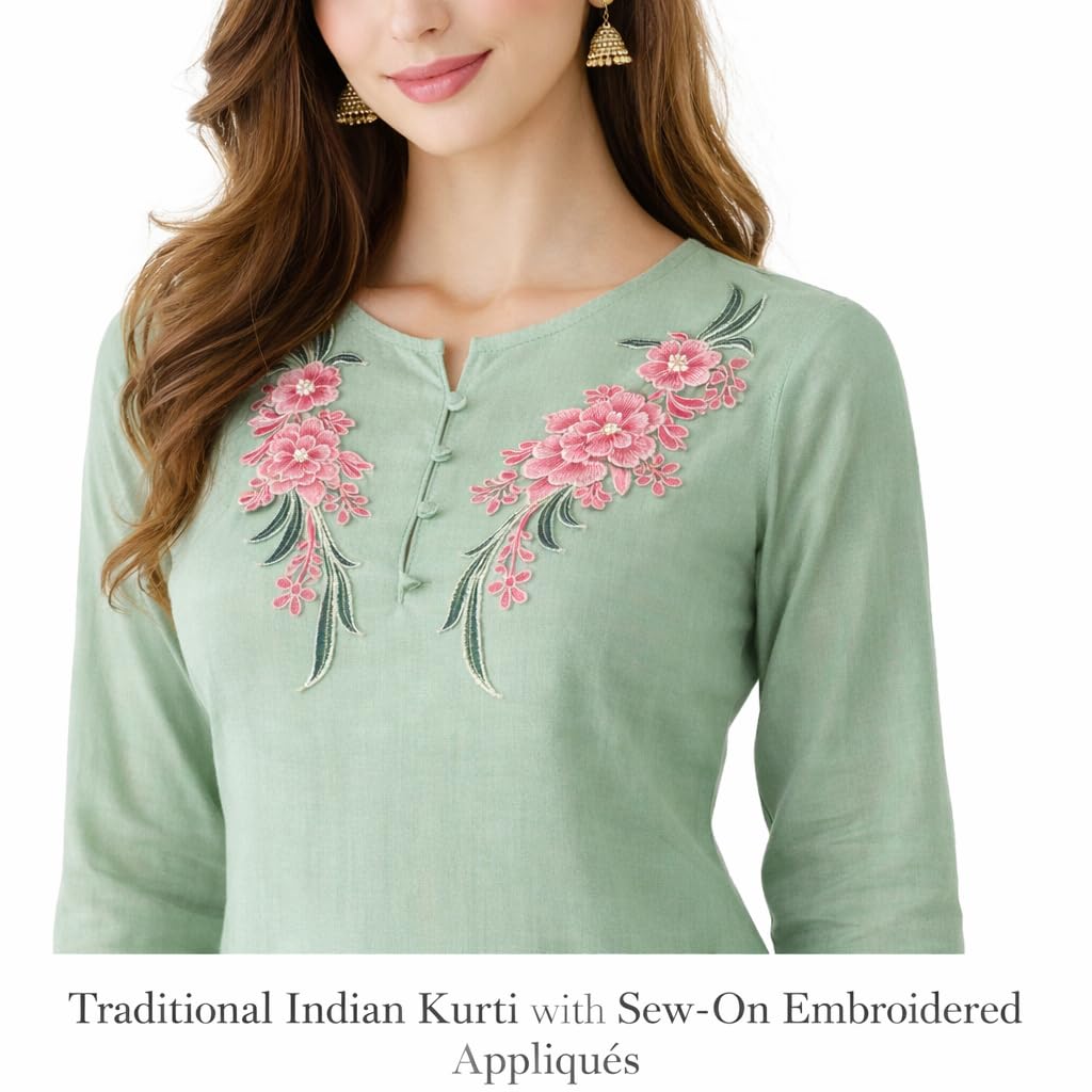 S.A.V.I Pair of Pink Floral Embroidered Sew-On Appliqué (12.5 x 33.5 cm) | Thread Embroidery on Net Fabric | Neckline Decorative Patches for Kurti, Gown, Blouse & Dresses (Pink)