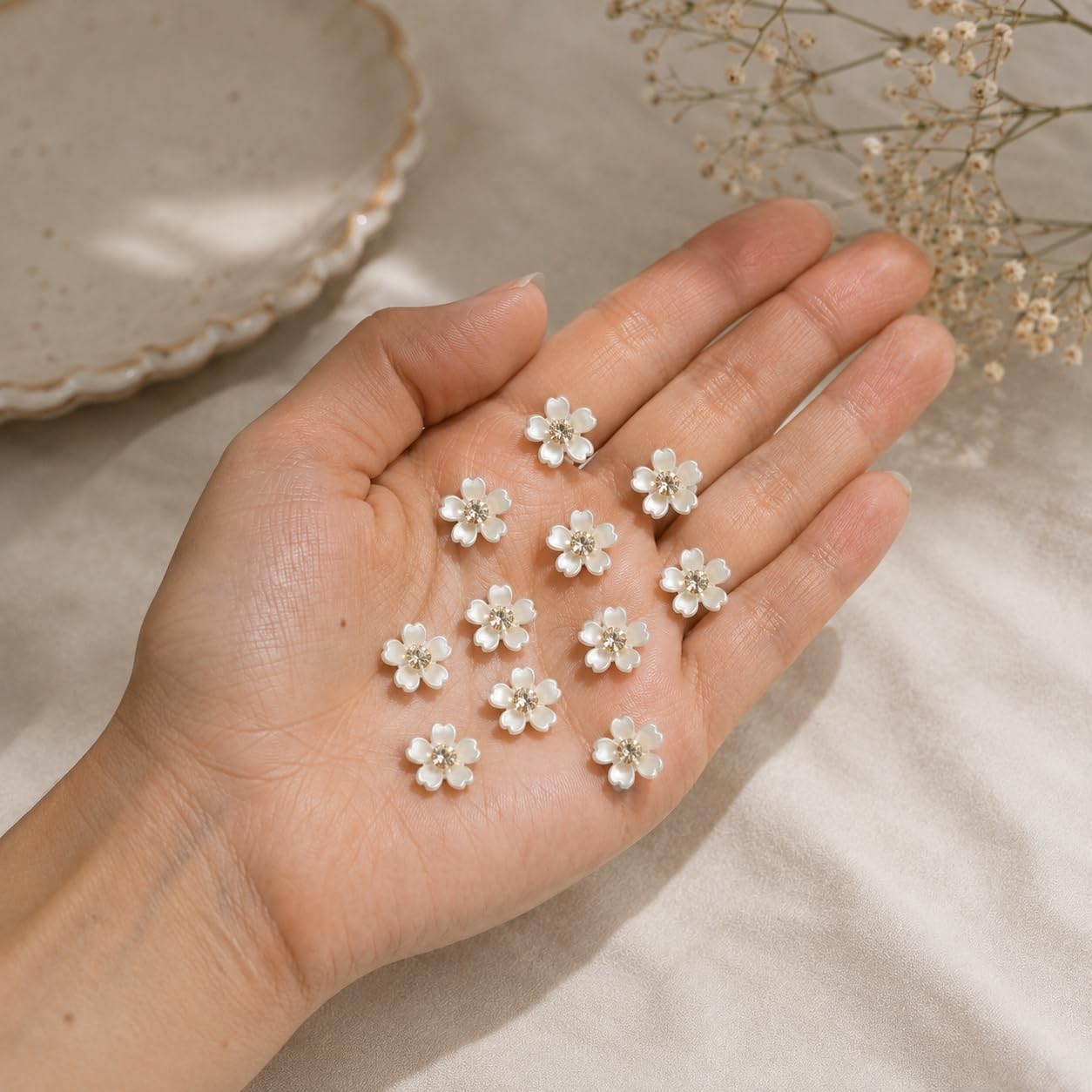 S.A.V.I White Floral Hair Clips with Crystal Center, 1.5 cm Daisy | Set of 10, Bridal Hair Pins, Shell Finish, Wedding & Party, Girls & Women