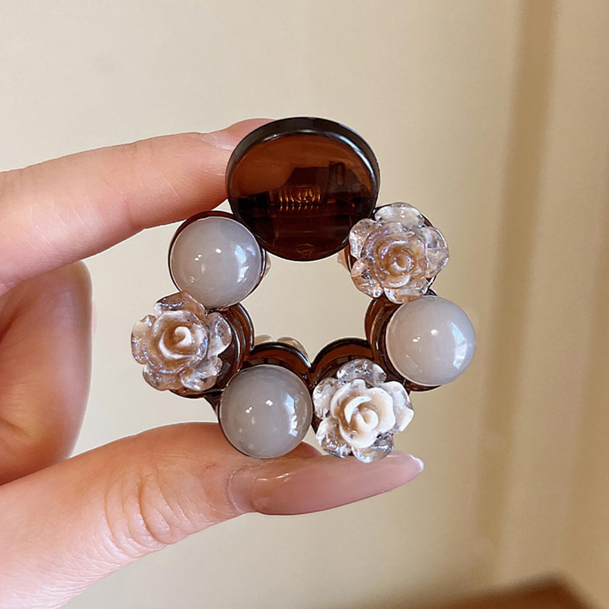 S.A.V.I Beige Small Hair Claw Clip 4cm | Round Acrylic Clutcher with Rose Flower & Bead Decor | Strong Hold Mini Hair Clip for Girls & Women