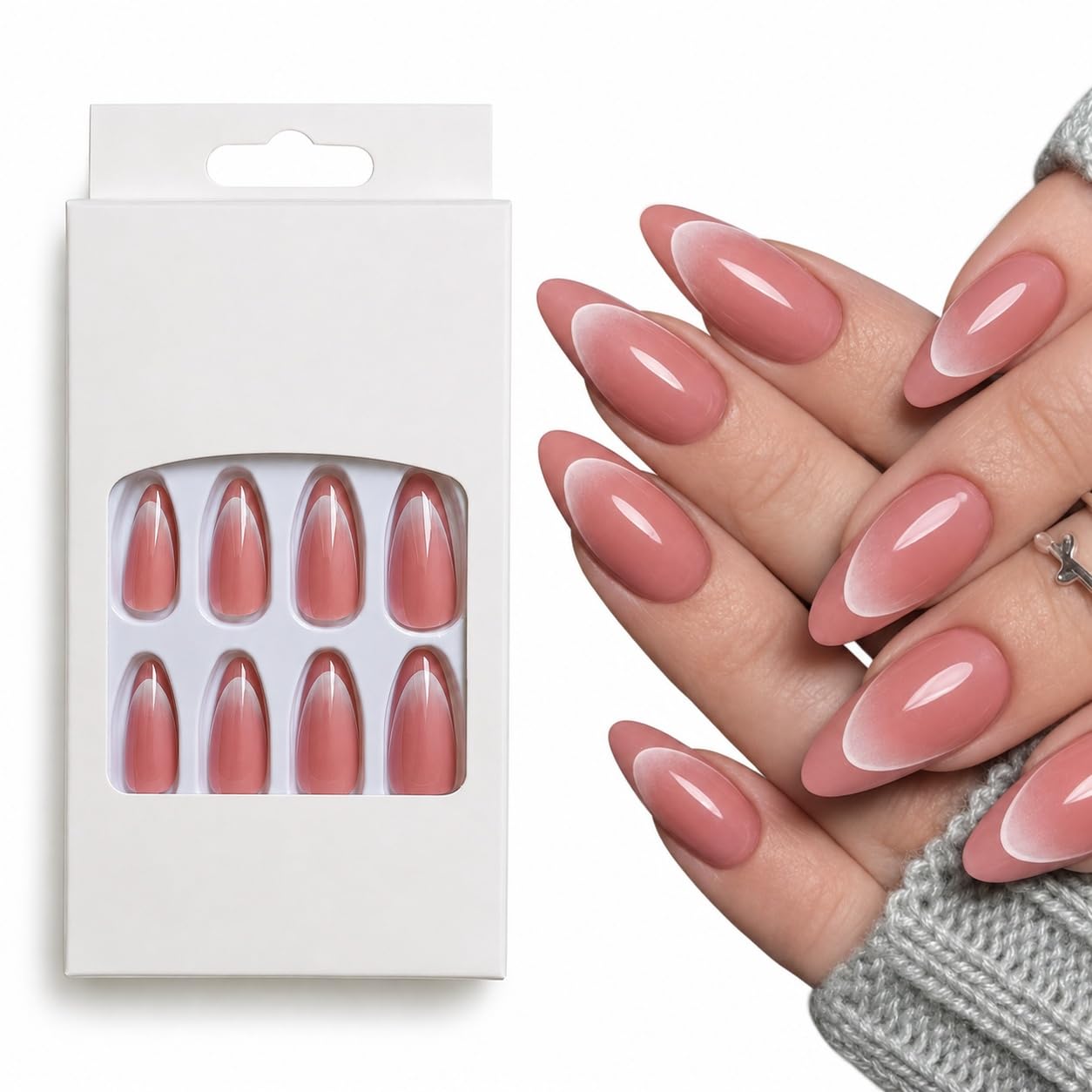 S.A.V.I 24Pcs Press on Nails Almond Shape Dusty Rose Pink Gradient Tips
