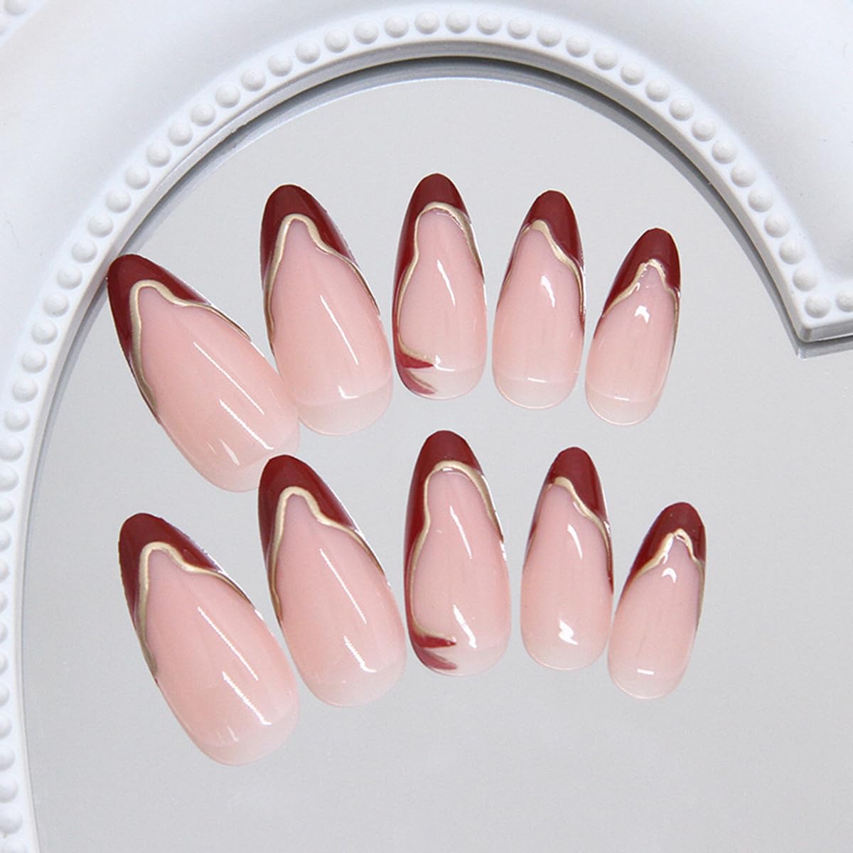 S.A.V.I 24 Pcs Reusable Press On Nails for Women, Long Almond Nude Pink with Wine Red Tips, 3D Gold Chrome Design, Glossy Acrylic False Nails Set, with Nail Glue & Adhesive Tabs