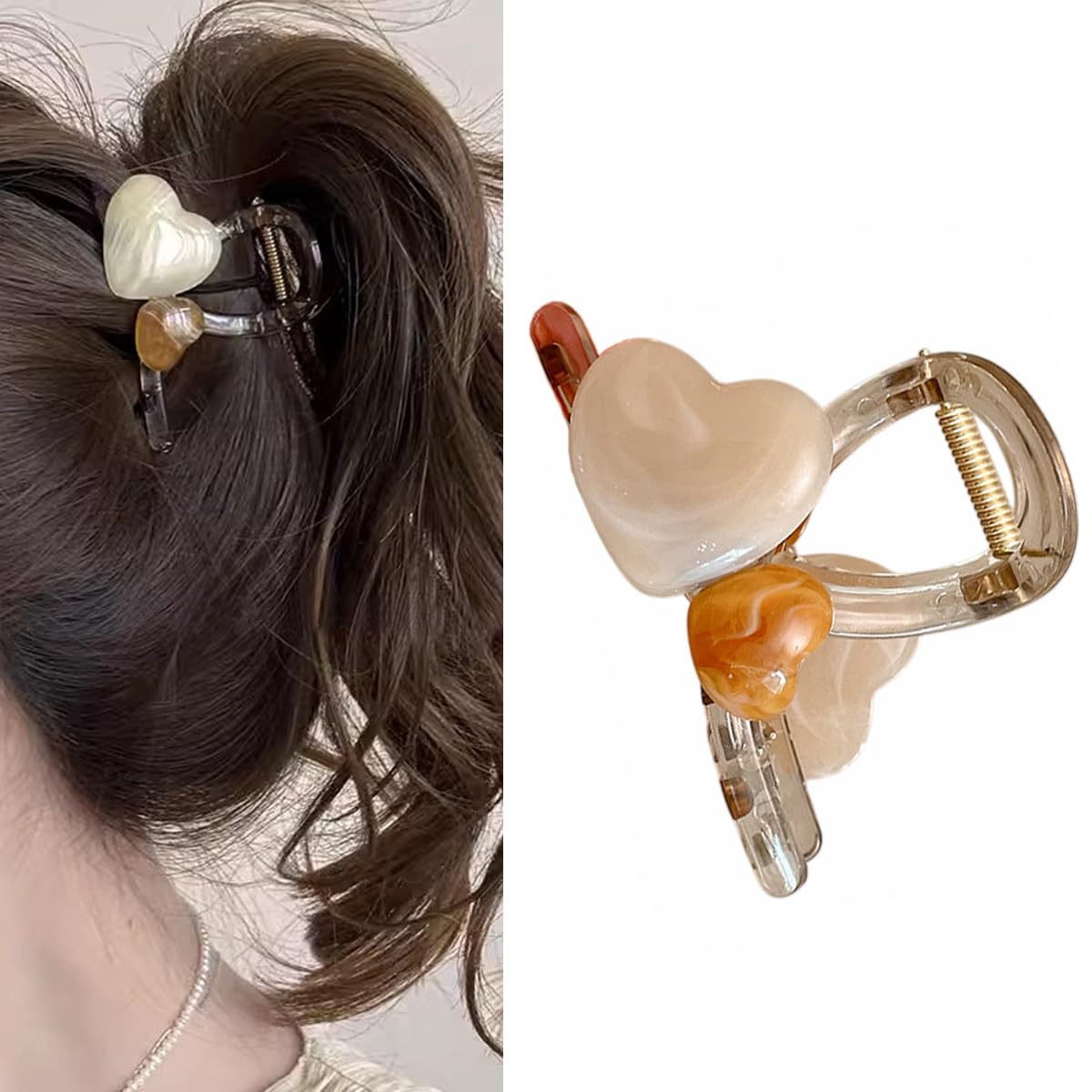 S.A.V.I Heart Design Hair Claw Clip for Women & Girls | White & Brown Marble Look Acrylic Clutcher | 8cm Strong Grip Stylish Hair Accessory for Daily & Party