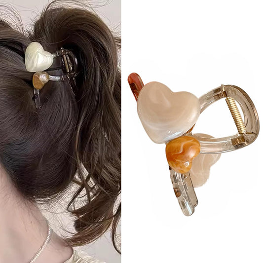 S.A.V.I Heart Design Hair Claw Clip for Women & Girls | White & Brown Marble Look Acrylic Clutcher | 8cm Strong Grip Stylish Hair Accessory for Daily & Party