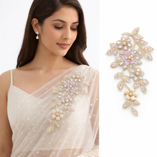 S.A.V.I Champagne Gold Crystal Floral Applique Patch 14 x 27 cm, Hand Embroidered Beaded Leaf Sew-On Design for Sarees, Gowns, Dresses & Kurtis (Right, Gold, OneSize)