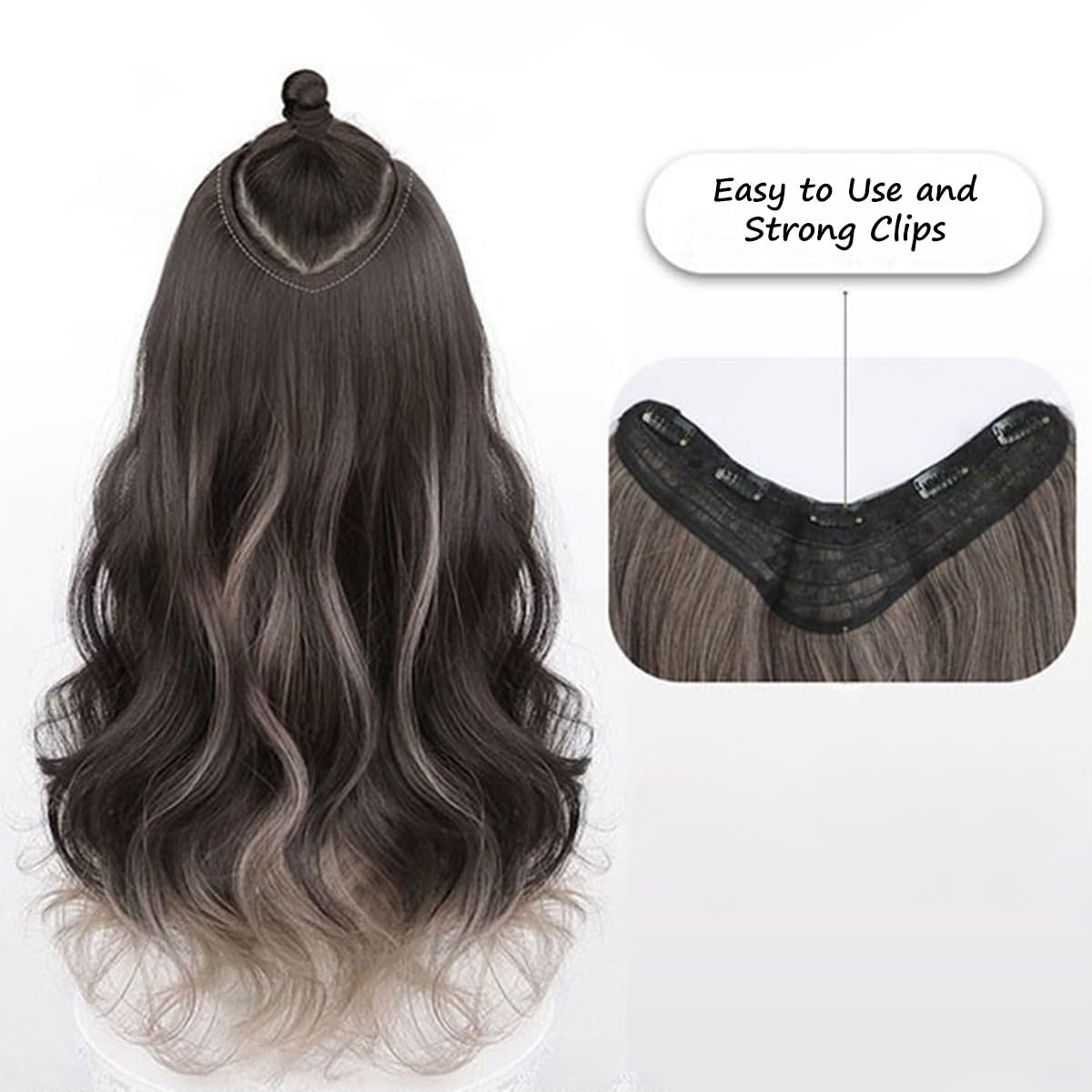 S.A.V.I U-Shape Clip-In Hair Extension for Women, Natural Black & Blonde Brown Dual Tone, 50cm Long Wavy Synthetic Hair Topper, Volumizer, Length Enhancer with Secure Clips