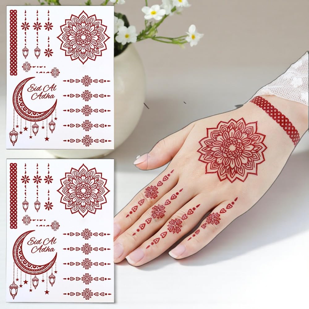 S.A.V.I 2Pcs Natural Islamic Henna Mehndi Temporary Tattoo Stickers for Women – Crescent Moon, Mosque & Mandala Design, Waterproof Skin-Safe Transfer Body Art for Eid, Nikah & Festivals (#53)