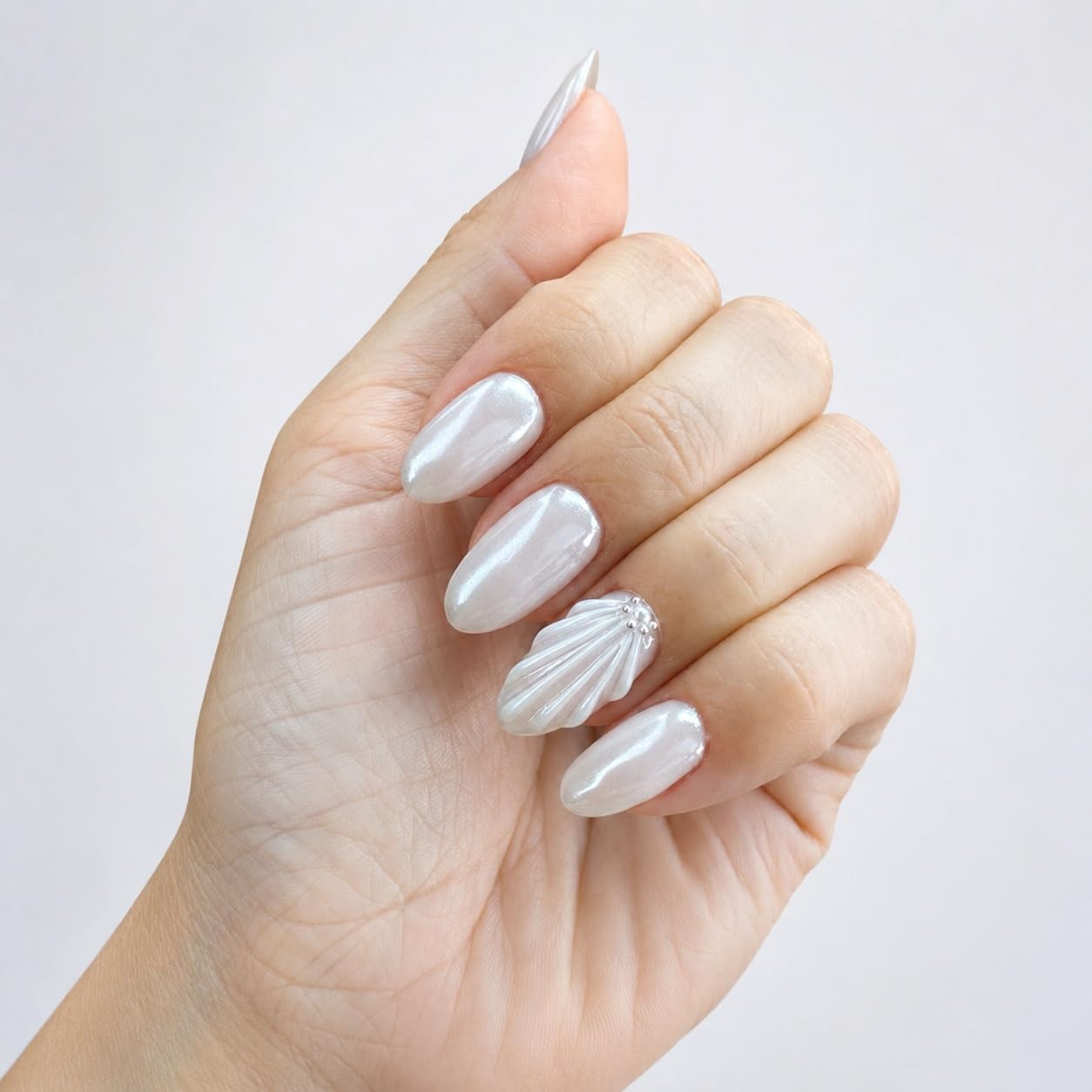 S.A.V.I Clear 3D Mermaid Shell Short Almond False Nails 140 Pcs | 12 Sizes Included, Flexible ABS Material, Natural Fit, Reusable DIY Manicure, Salon Finish