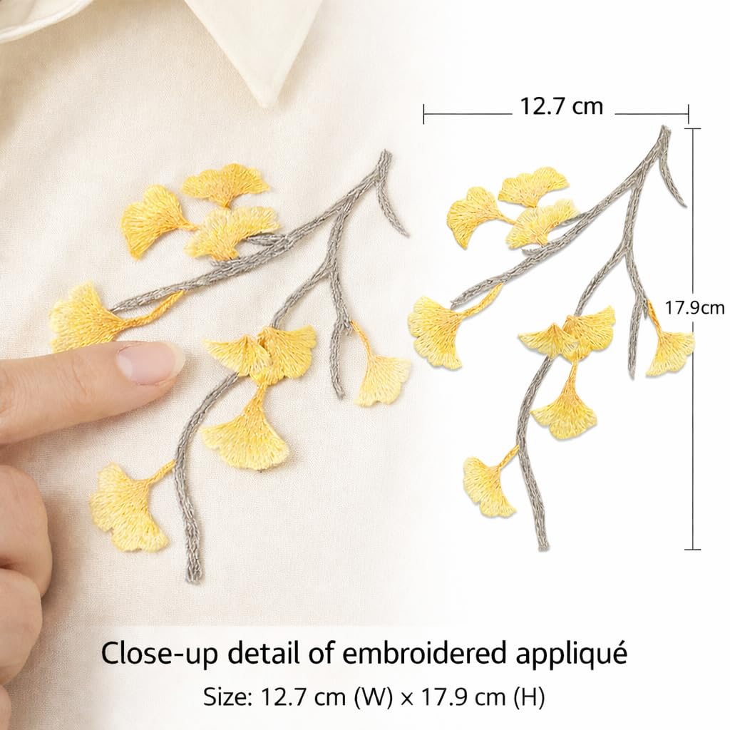 S.A.V.I Iron-On Embroidered Ginkgo Leaf Appliqué Patch Yellow Grey Floral Branch Design Fabric Embroidery 12.7 x 17.9 cm for Dresses Sarees Kurtis DIY Craft (Right)