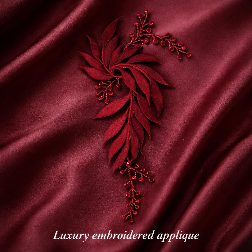 S.A.V.I Burgundy & Silver Floral Iron-On Embroidered Appliqué Patch 7.5 x 17 cm | Leaf Motif Threadwork Design for Dresses, Sarees, Blouses, DIY Fabric Craft (Right, Burgundy, 7.5 x 17 cm)