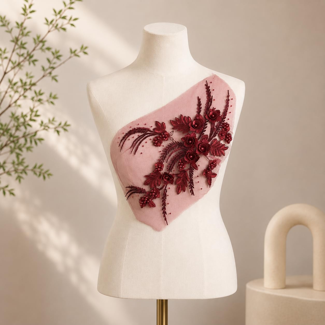S.A.V.I Floral Embroidery Patch Sew-On Applique Wine 34x25cm|3D Beaded Mesh Lace Motif for Kurti, Gown, Blouse & DIY Craft, Premium Finish