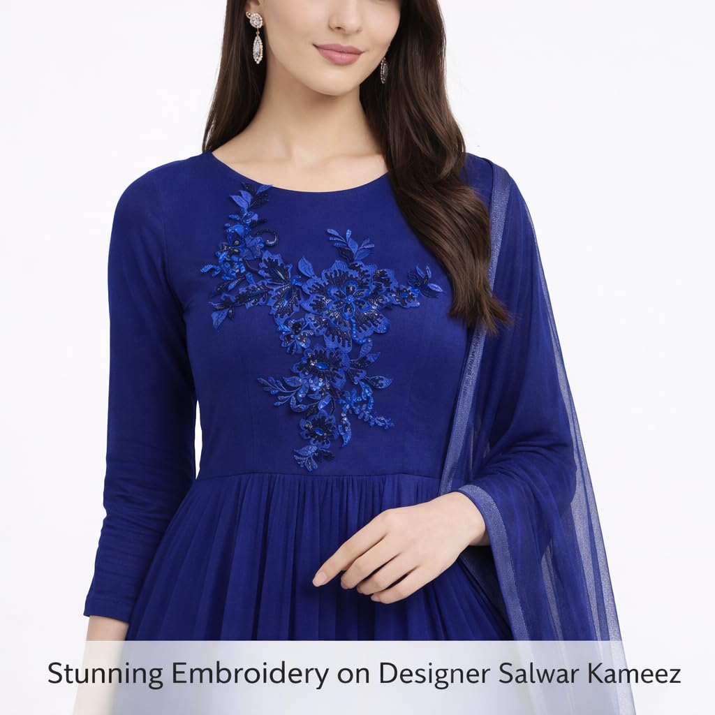 S.A.V.I Blue Floral Sequin Embroidered Appliqué Patch 25x29 cm on Mesh, Asymmetrical Designer Motif, Sew-On Craft Accent for Saree, Gown, Lehenga & Dress DIY (Blue)
