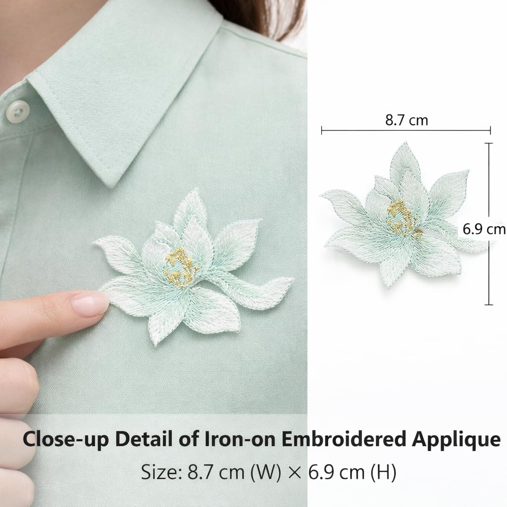 S.A.V.I Green Lotus Flower Iron-On Embroidered Appliqué Patch 8.7 x 6.9 cm | Premium Fabric Floral Motif for Dresses, Kurtis, Sarees, Blouses & DIY Garment Decoration (Green)