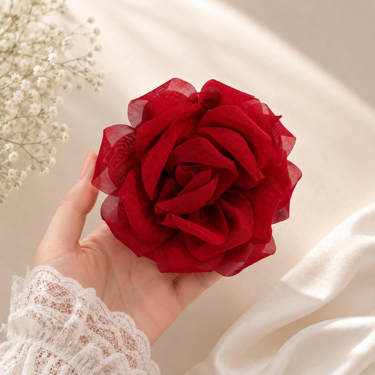 S.A.V.I Rose Hair Claw Clip for Women, Mesh Floral, Red, 10 cm | Strong Grip, Lightweight Fabric, Casual & Party Styling, Wedding & Festive Use, For Girls