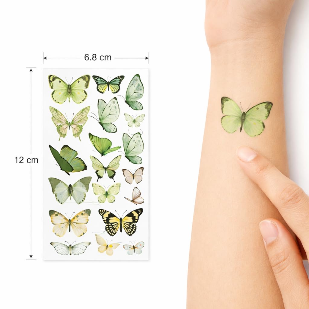 S.A.V.I 10 Sheets Green Butterfly Temporary Tattoos for Women & Girls, 6.8x12 cm Realistic Floral Waterproof Body Art Stickers, Safe Non-Toxic Long Lasting Design for Arm Hand Neck (#332)