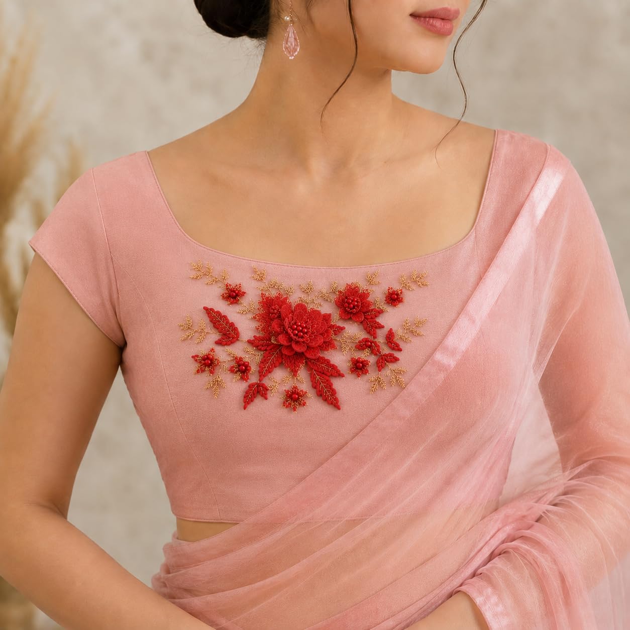 S.A.V.I Floral Embroidery Patch Sew-On Applique Red Gold 29x14cm (Red)|Decorative Lace Motif with Pearl Beads for Kurtas, Saree Blouses, Dresses, Jackets & DIY Craft Customization