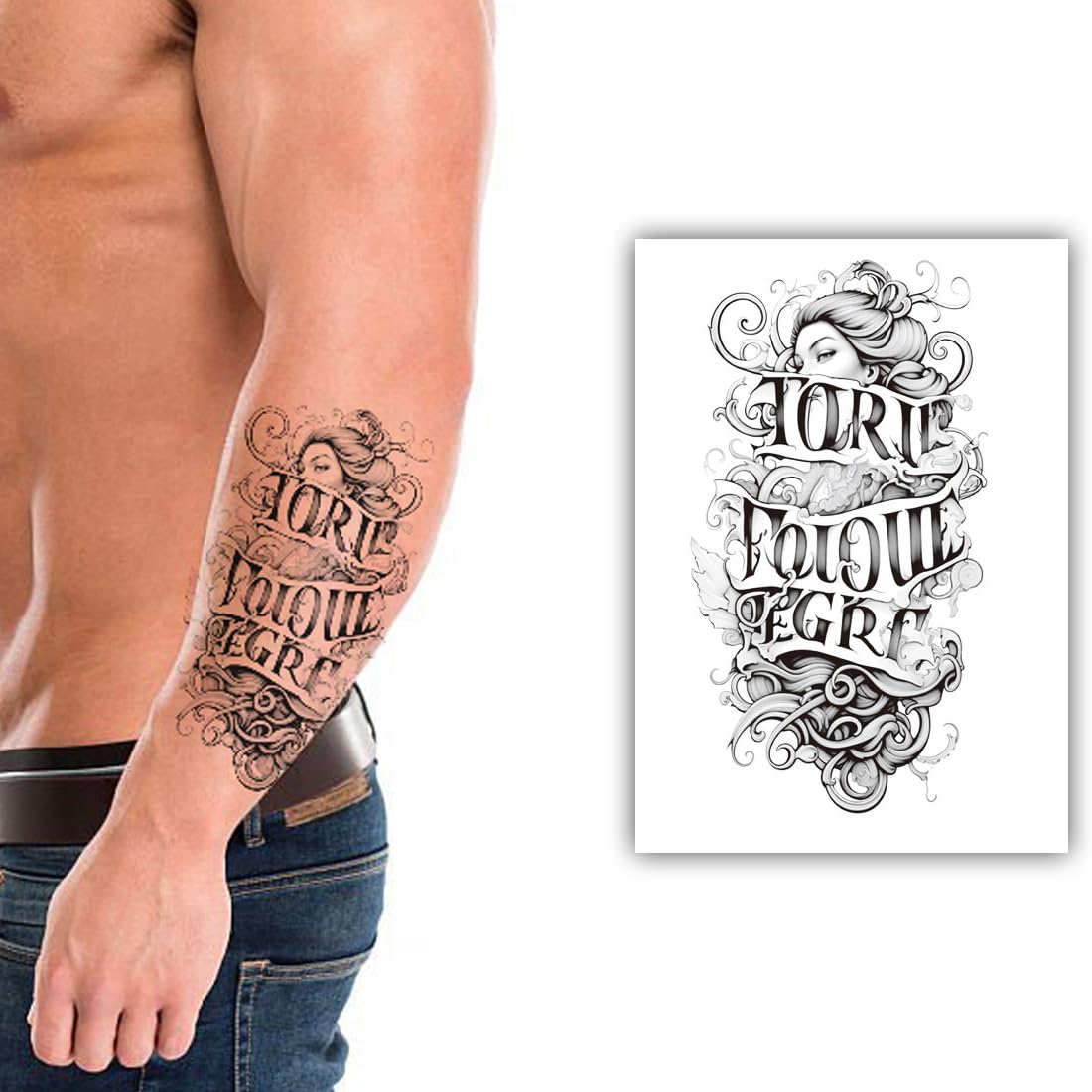 S.A.V.I Large Temporary Tattoo for Men 21 x 11 cm – Black Woman Face & Lettering Design – Waterproof Removable Non-Toxic Easy Apply Fake Body Art Sticker for Arm, Forearm, Shoulder – 1 Pc