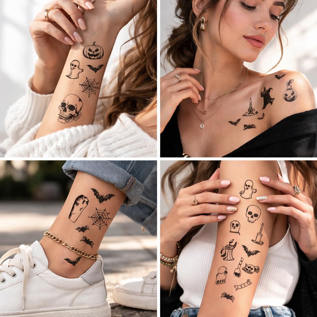 S.A.V.I 30 Sheets Halloween Temporary Tattoos for Women & Kids – Waterproof Non-Toxic Body Art Stickers 5.7x9.7 cm | Skull, Pumpkin, Ghost & Bat Designs for Festival, Party Favors (#319)