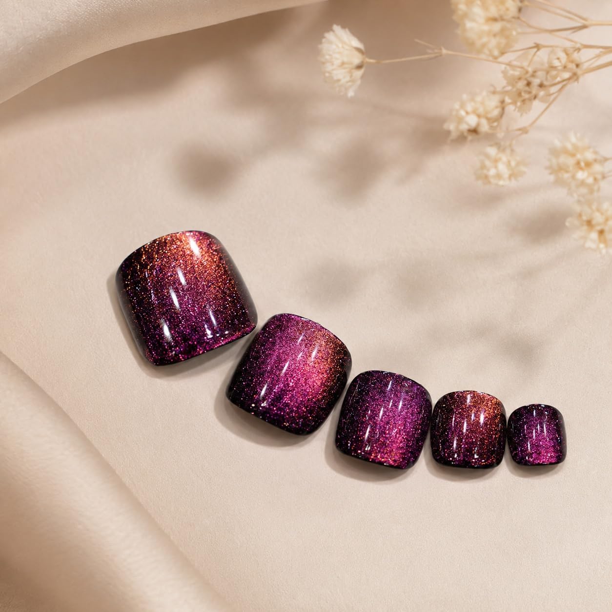 S.A.V.I Press on Toenails 24 Pcs Purple Cat Eye Short Square Tips