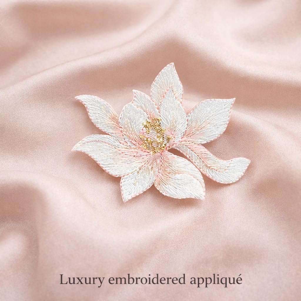 S.A.V.I Peach Lotus Flower Iron-On Embroidered Appliqué Patch 8.7 x 6.9 cm | Premium Fabric Floral Motif for Dresses, Kurtis, Sarees, Blouses & DIY Garment Decoration (Peach)