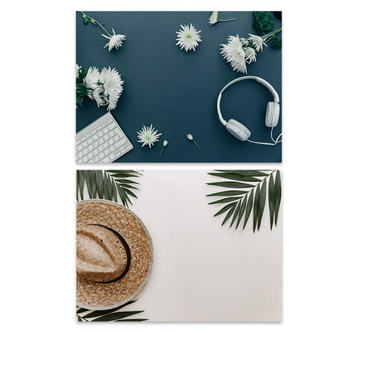 SAVIAURA 1 Sheet 2 in 1 Photography Backdrop 3D Flat Lay Tabletop Double-Sided 22x16 Photo Background PVC Wrinkle-Free for Small Products Food, Cosmetics Shoot (#17-Blue Base White Flowers & hat)