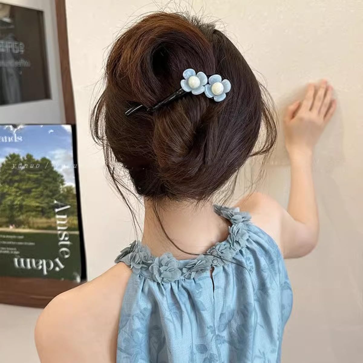 S.A.V.I Light Blue Flower Hair Clip for Women & Girls | Stylish Acrylic Floral Design | 11cm Long Black U-Shape Hairpin Strong Grip for Party Casual Daily Hairstyles