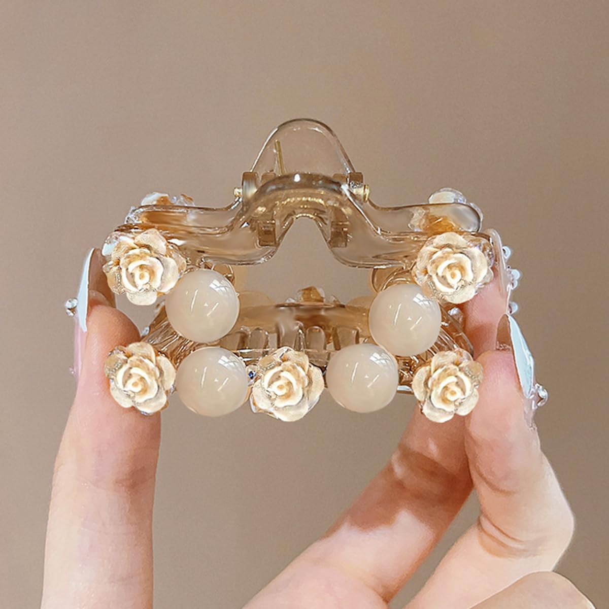 S.A.V.I Women’s Beige Floral Pearl Hair Claw Clip 7 cm | Acrylic Rose Design Clutcher | Elegant Small Star Shape Hair Accessory for Daily, Party Styling & Gifting