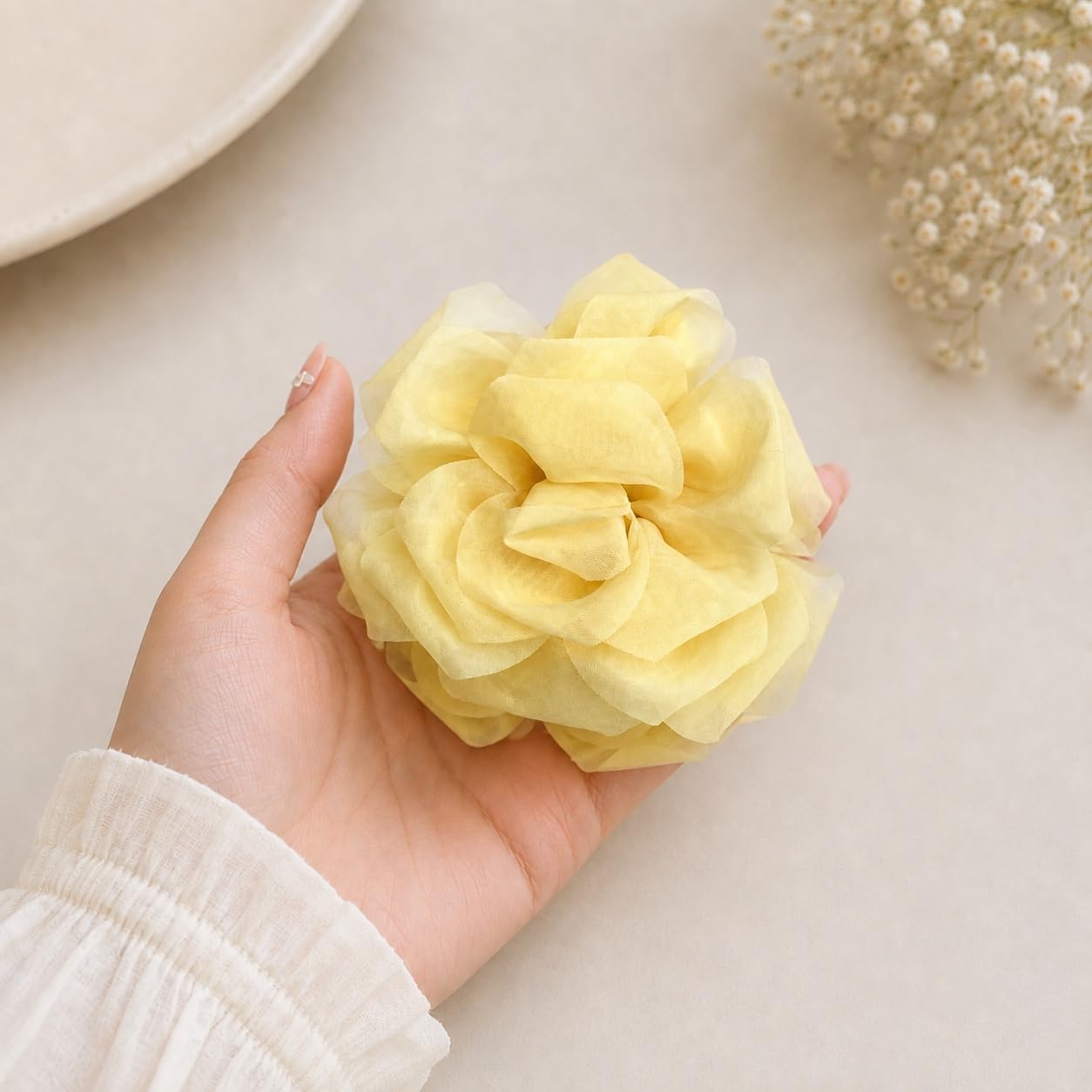S.A.V.I Rose Flower Hair Clutch Clip for Women Yellow Mesh 10cm | Strong Grip, Lightweight, Soft Fabric, Large Size, 1 Piece