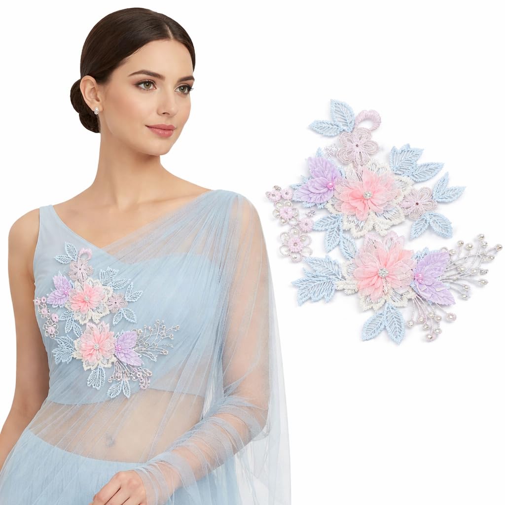 S.A.V.I Pastel Floral Embroidered Sew-On Appliqué Patch 20 x 29 cm, 3D Organza Flowers with Beads & Pearl Work, Leaf Design for Blouse, Gown, Saree, Kurti & DIY Craft (Right)