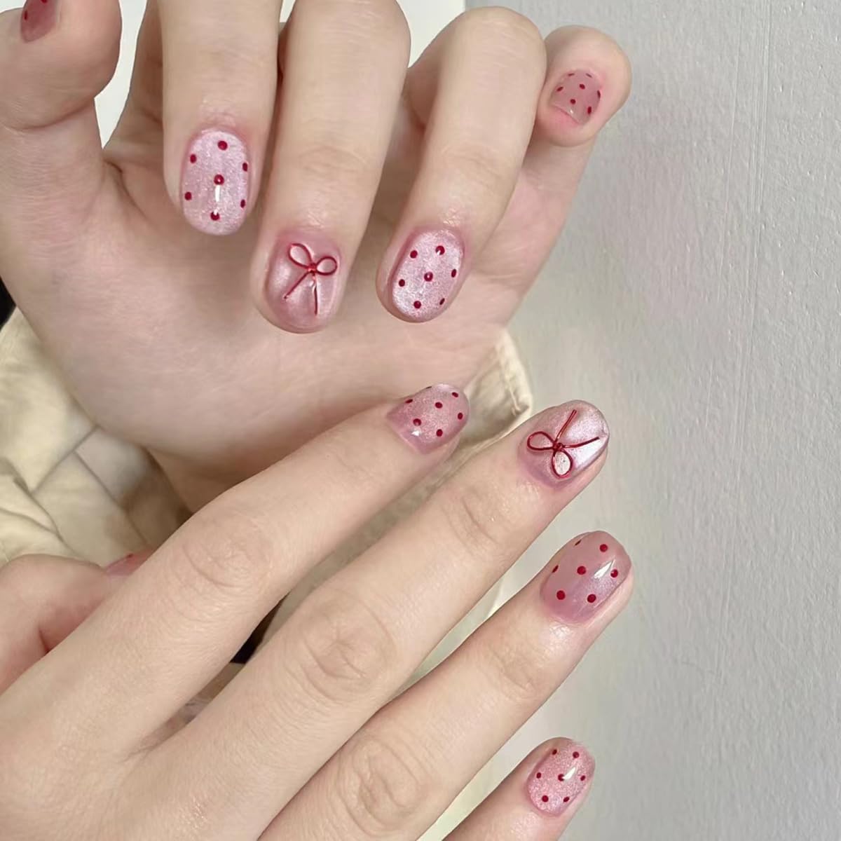 S.A.V.I Reusable Press-On Nails for Women, Short Natural Shape, Pink Cat Eye Finish with Red Polka Dots & Bow Design, Glossy ABS Manicure Set 30 Pcs with Glue & Adhesive Tabs