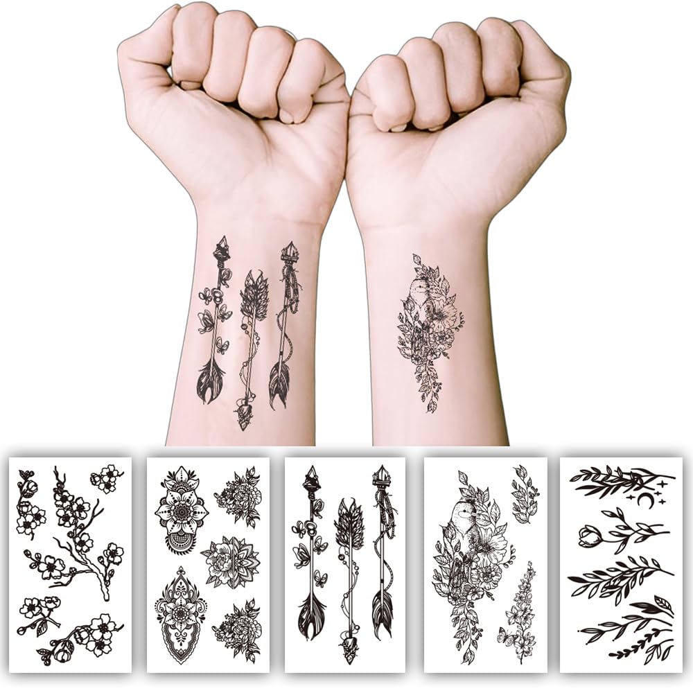 S.A.V.I 5 Sheet Black Floral Temporary Tattoos for Women & Girls – Safe, Non-Toxic, Waterproof Body Art | 10.5x6cm Each | Easy to Apply & Remove – Arm, Wrist, Shoulder Design Stickers (57)