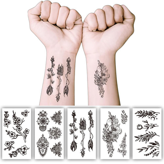 S.A.V.I 5 Sheet Black Floral Temporary Tattoos for Women & Girls – Safe, Non-Toxic, Waterproof Body Art | 10.5x6cm Each | Easy to Apply & Remove – Arm, Wrist, Shoulder Design Stickers (57)