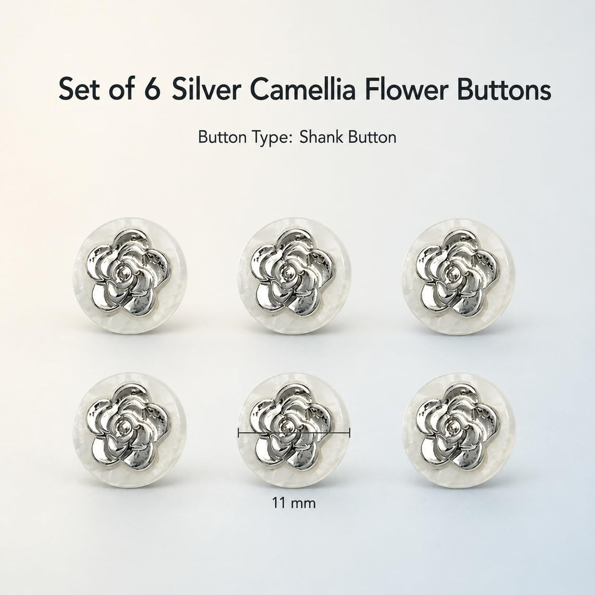 S.A.V.I Silver Camellia Shank Buttons for Kurti, 11mm, Set of 6 | White Pearl-Look, Floral Design, For Blouse & Dress, Craft Projects, Decorative Embellishments