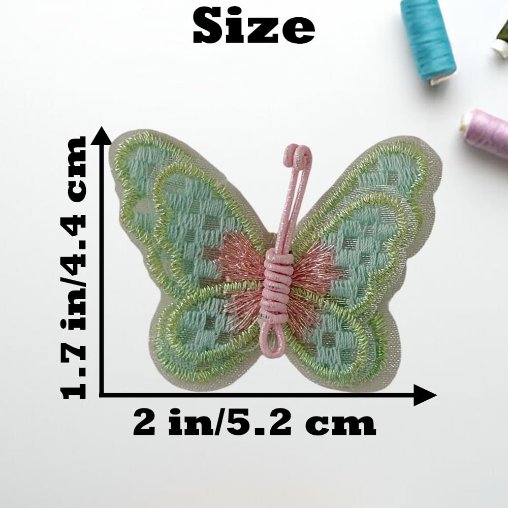 S.A.V.I 3 Pcs Sew-On Butterfly Embroidered Patch | Mint Green & Pink Thread Work Fabric Appliqué 5.2 x 4.4 cm | Ideal for Dresses, Kids Wear, DIY Craft & Garment Decoration (Green)