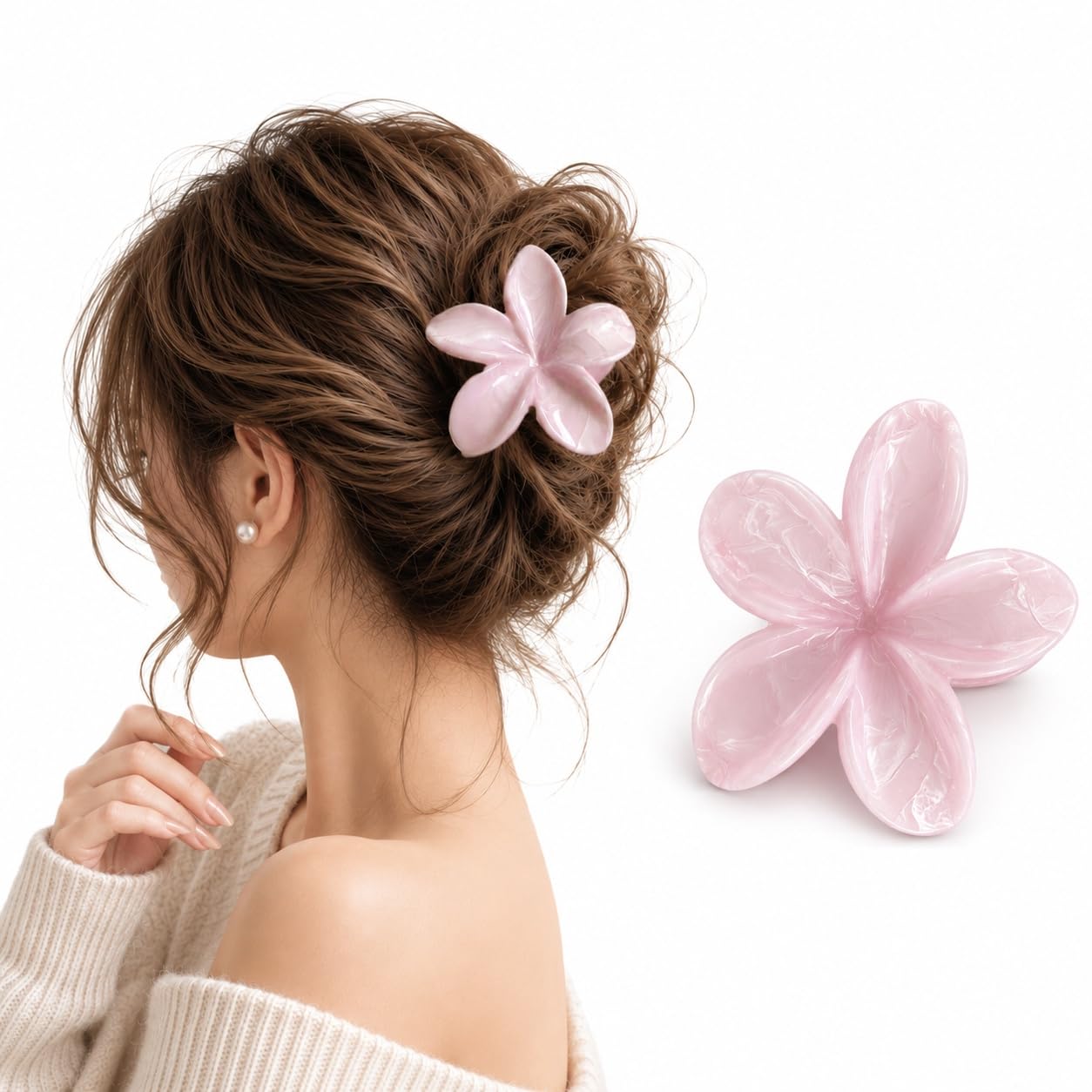 S.A.V.I Floral Hair Claw Clip for Women Baby Pink 8 cm | Frangipani Design, Glossy Acetate Finish, Strong Grip, Thick & Thin Hair, Lightweight