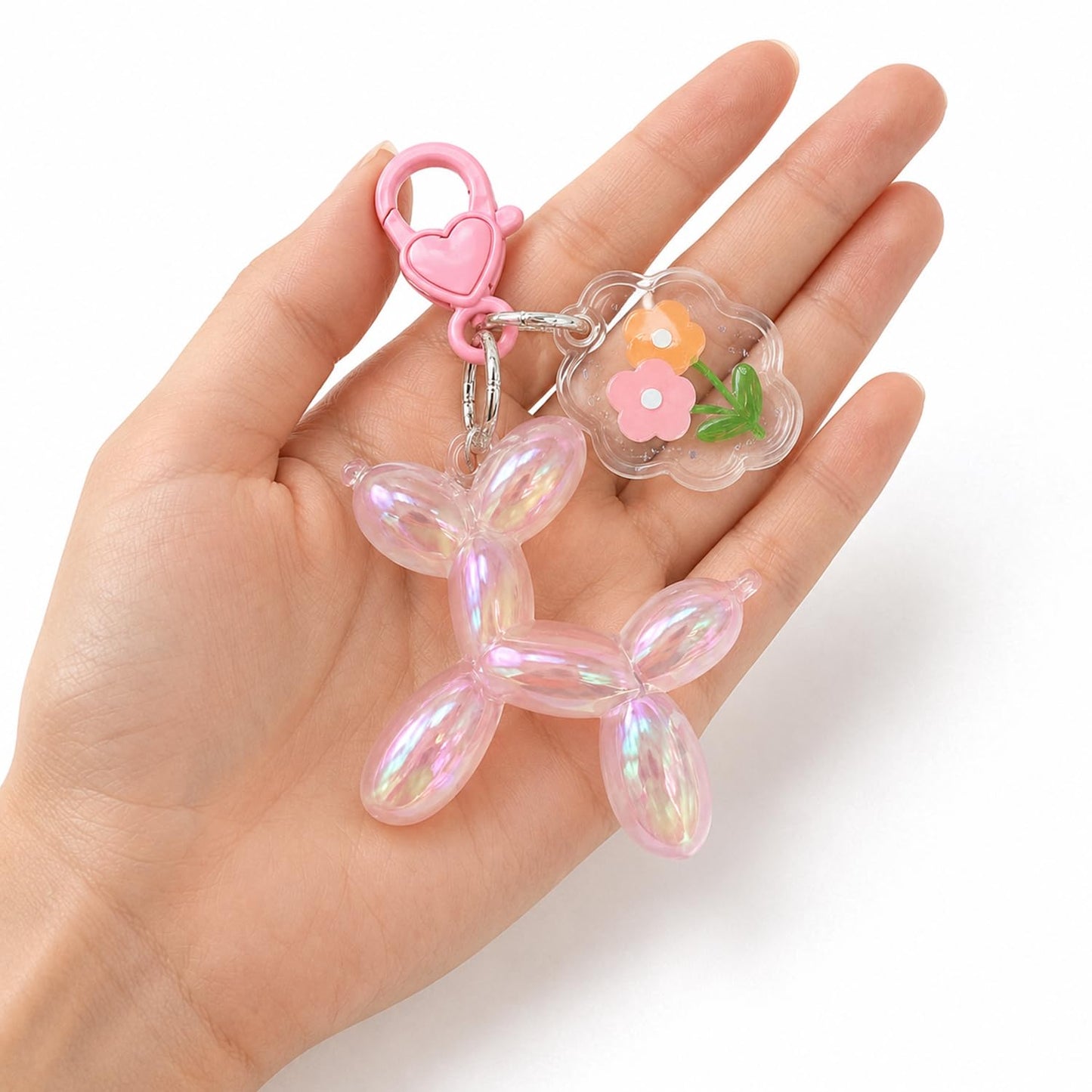 S.A.V.I Cute Balloon Dog Keychain Resin Bag Charm Pink Floral Pendant, Aurora Finish, 5.2 cm Lightweight Accessory with Heart Clasp, Durable Decorative Gift for Women, Girls, Handbags & Keys