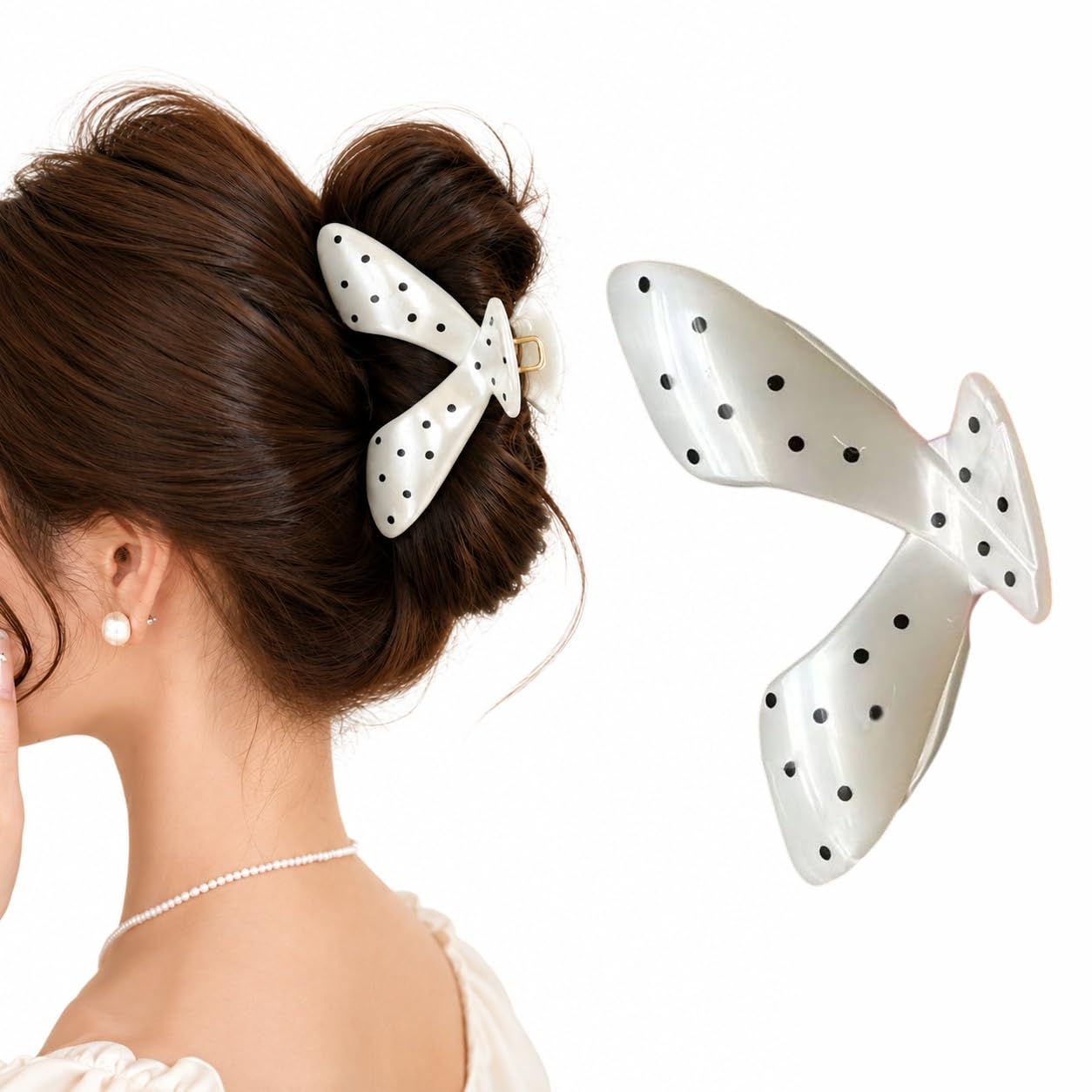 S.A.V.I Resin Hair Claw Clip White Polka Dot Bow 9 cm | Glossy Finish, Secure Hold, Thick & Thin Strands, Half & Full Updos, Lightweight