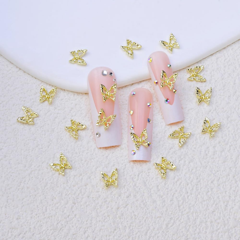 S.A.V.I Gold 3D Butterfly Nail Art Charms – 20 Pcs Alloy Nail Decorations for Women & Girls – 8mm Metallic Nail Accessories for DIY Nail Art, Extensions & Manicure